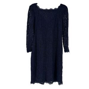 Adrianna Papell Dress Navy Blue Lace Boat Neck Long Sleeve Size 14 Sheath Dress